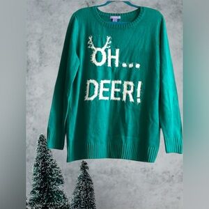HERE’S YOUR CHRISTMAS FUZZY PARTY SWEATER GREEN & WHITE “OH DEER” LAURA SCOTT XL